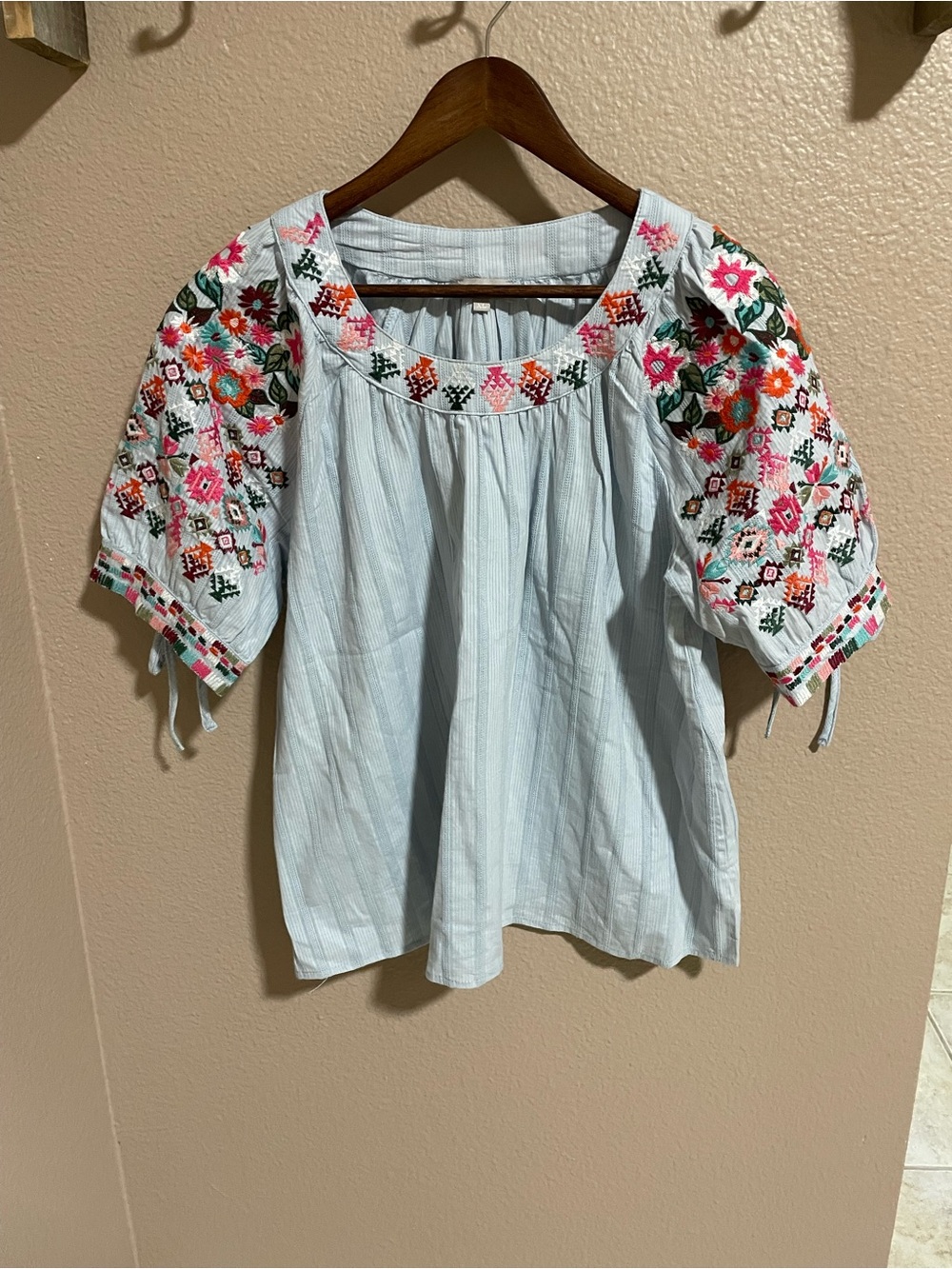 Light Blue Embroidered Peasant Blouse with Floral Sleeves